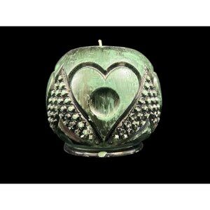 Vintage 1970's Molded Avocado Green & Black Wax Gothic Heart Candle 4" Unused